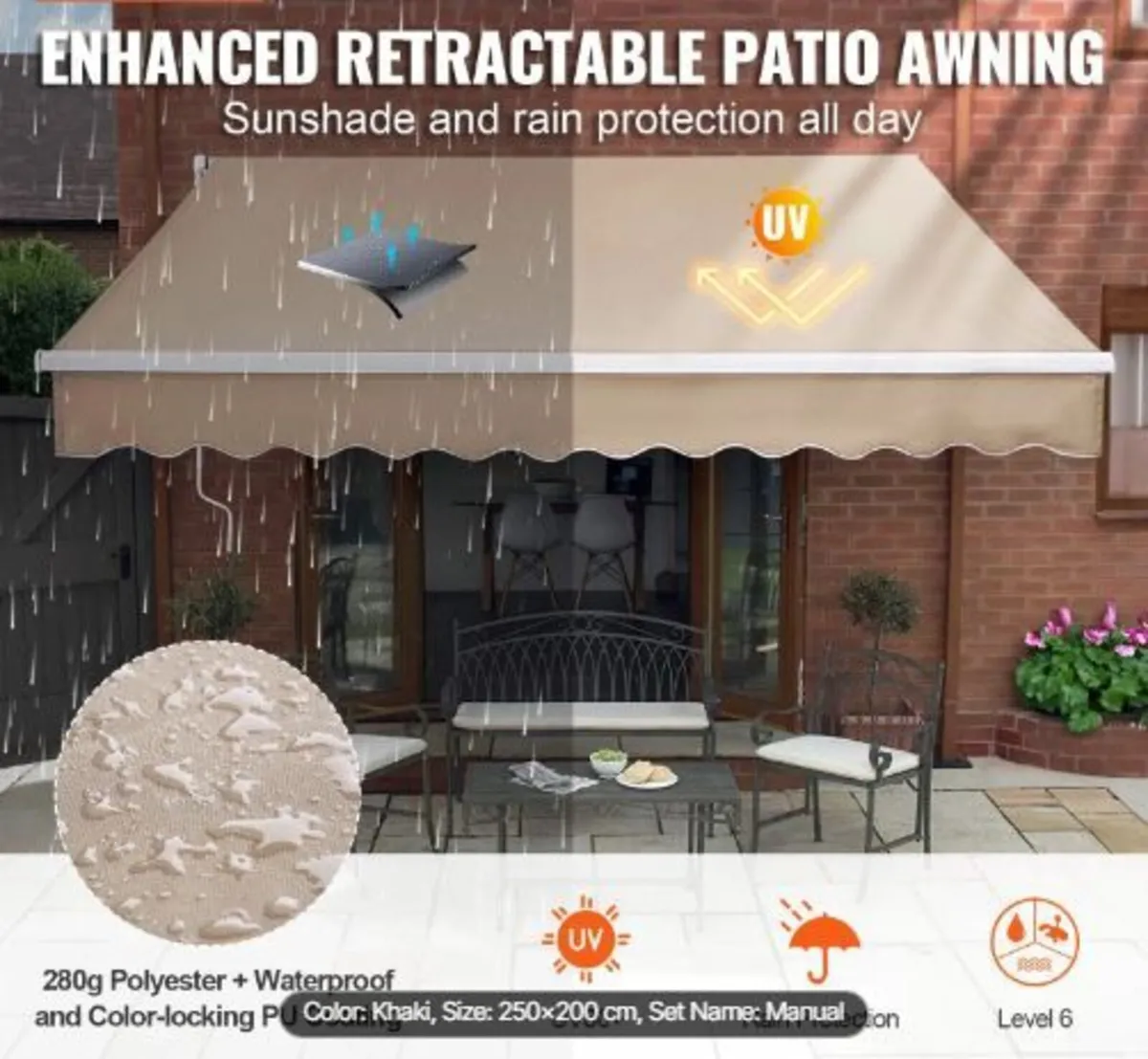 Manual Retractable Awning, 8 x 7 ft Outdoor - Image 2