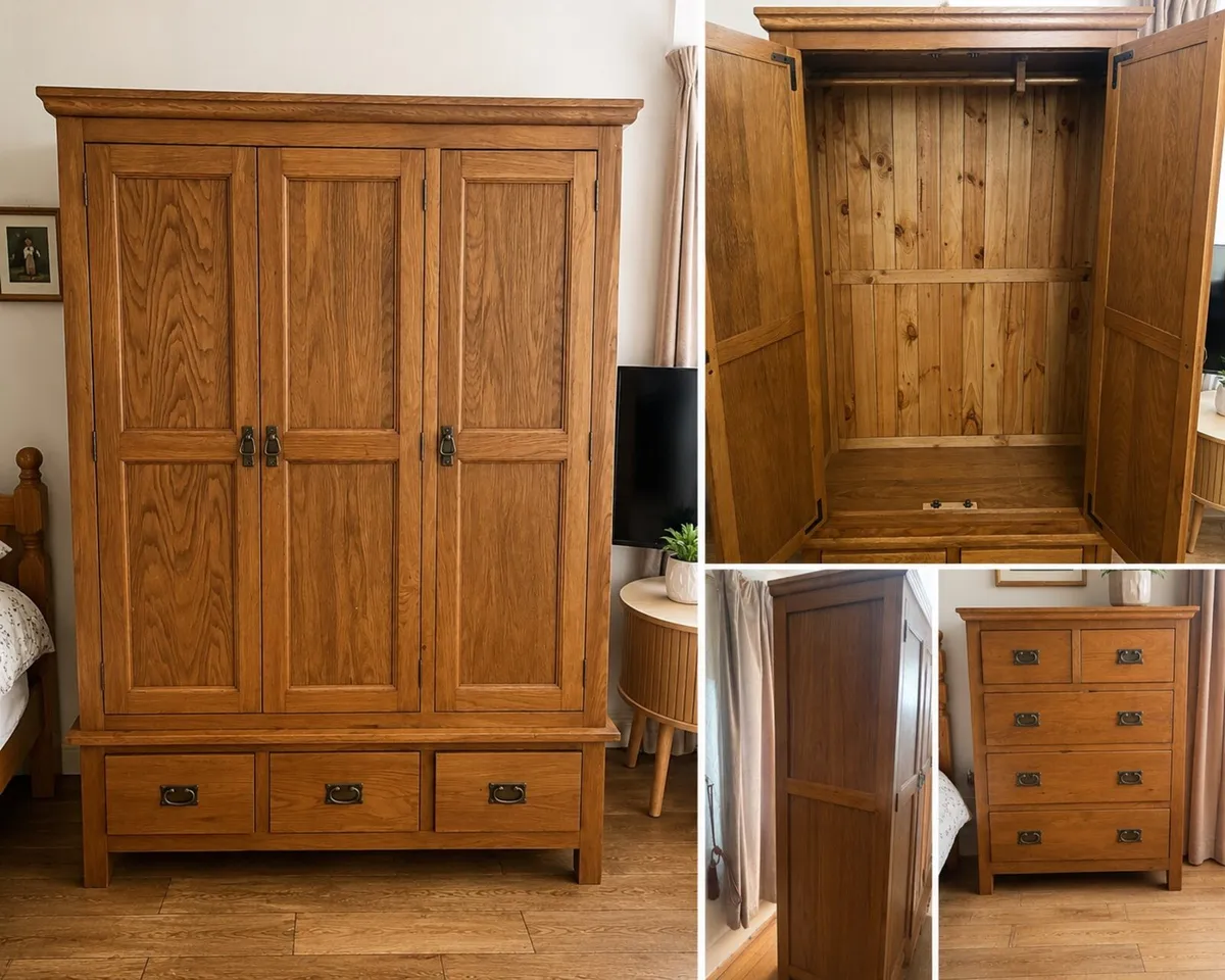Solid Oak 3 Door Wardrobe with 3 drawers - Image 2