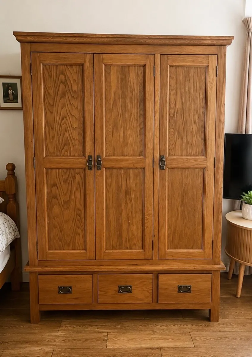 Solid Oak 3 Door Wardrobe with 3 drawers - Image 1
