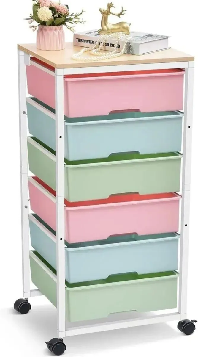 Storage Cart Rolling 6 Drawer Wood Top Trolley - Image 1