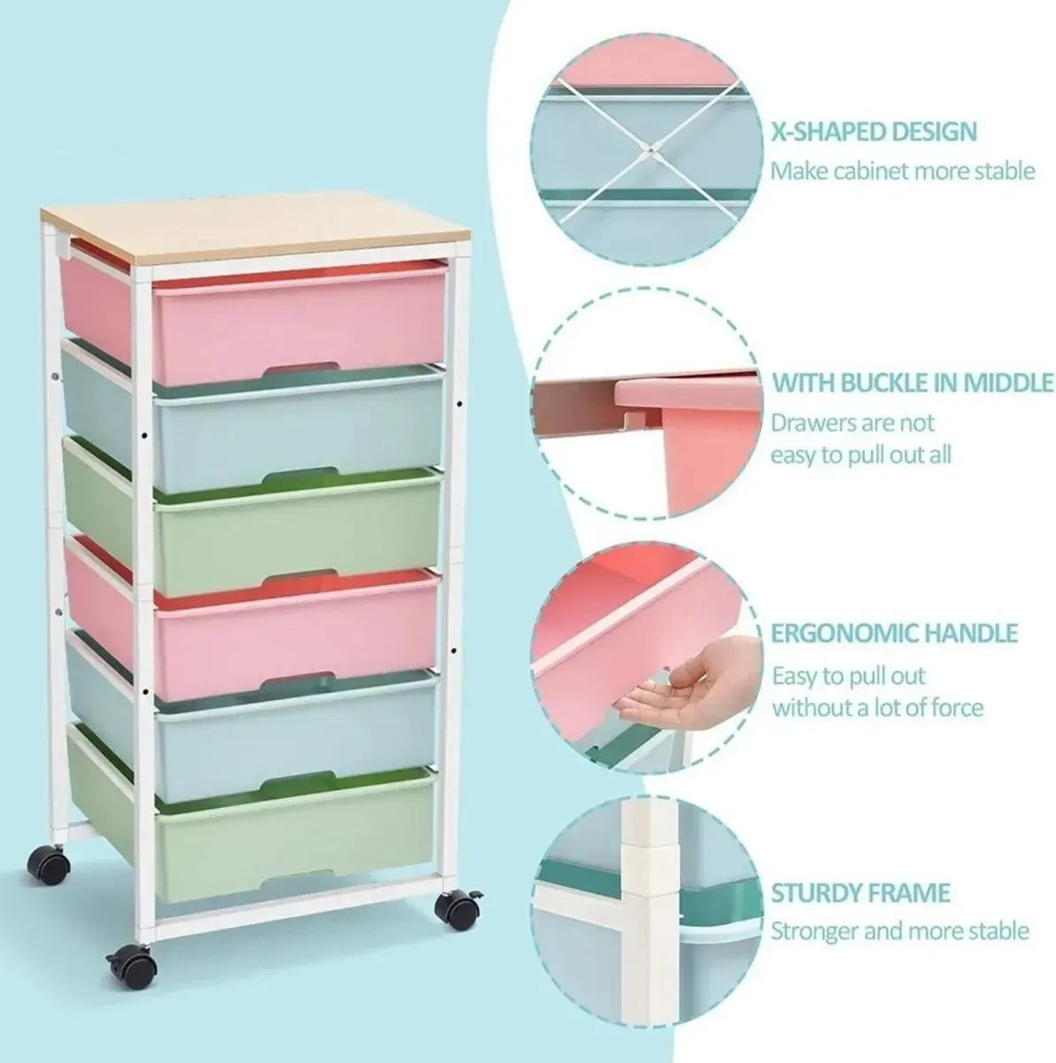 Storage Cart Rolling 6 Drawer Wood Top Trolley - Image 2