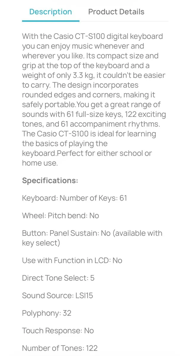 Electric Casiotone CT-S100 Piano Keyboard & Stand - Image 2