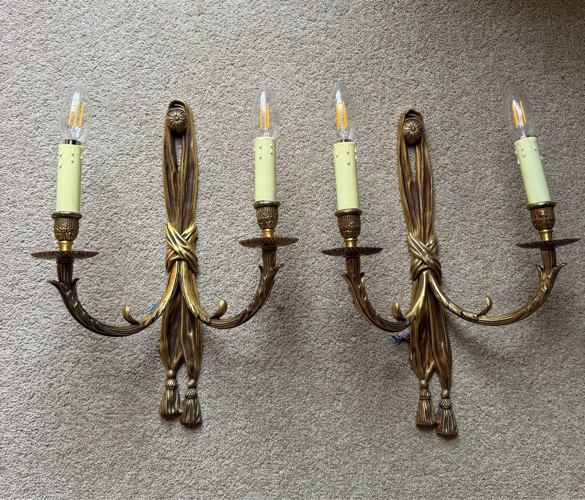 Antique French Pair Gilded Brass Rope Wall Lights - Image 1