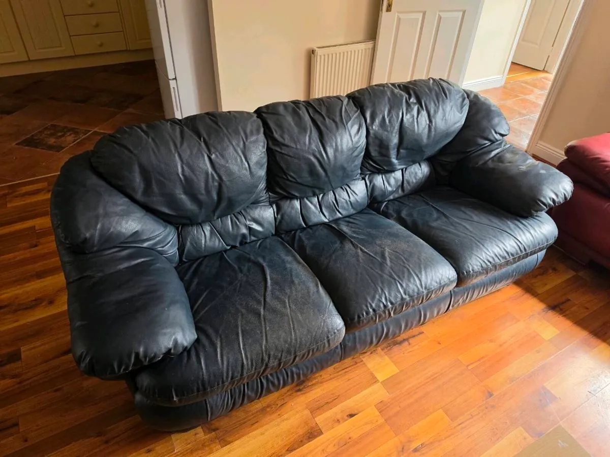 Large Black Leather 3-Seater Sofa / Couch - Image 1