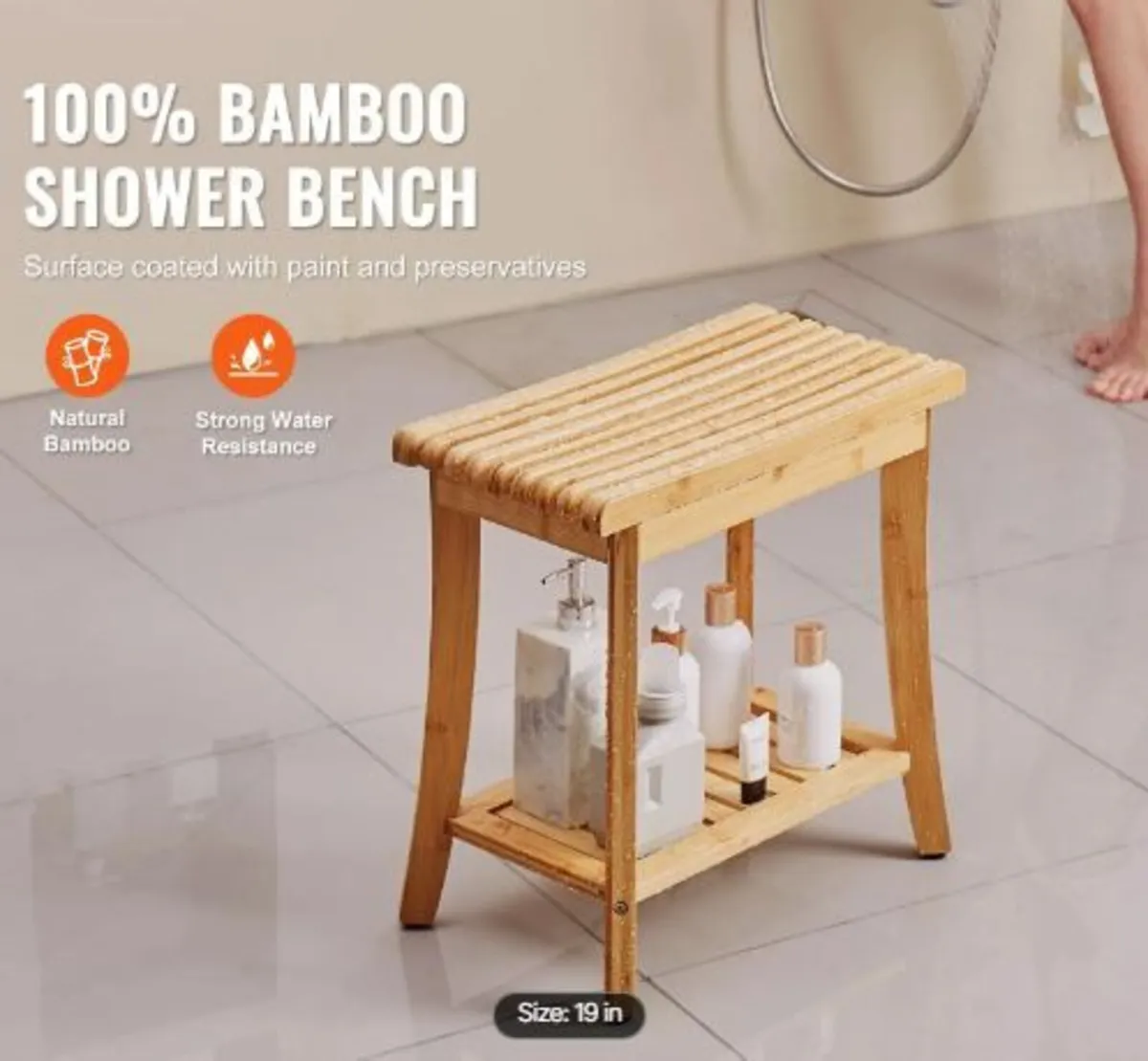 Bamboo Shower Bench 48.5 x 28.7 x 46.5 cm - Image 2