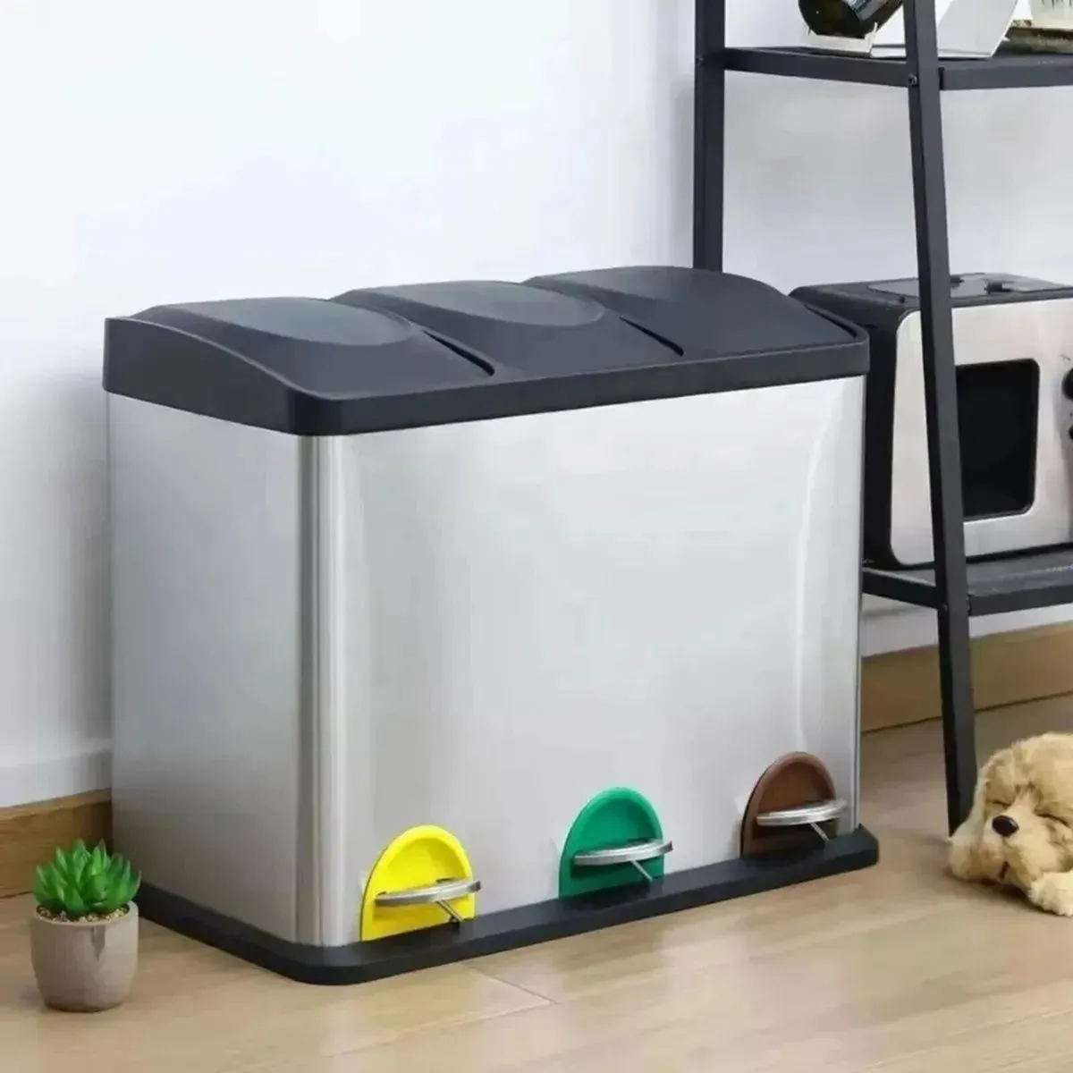 45L Kitchen Waste Bin 3 Section Trash Bin - Image 2