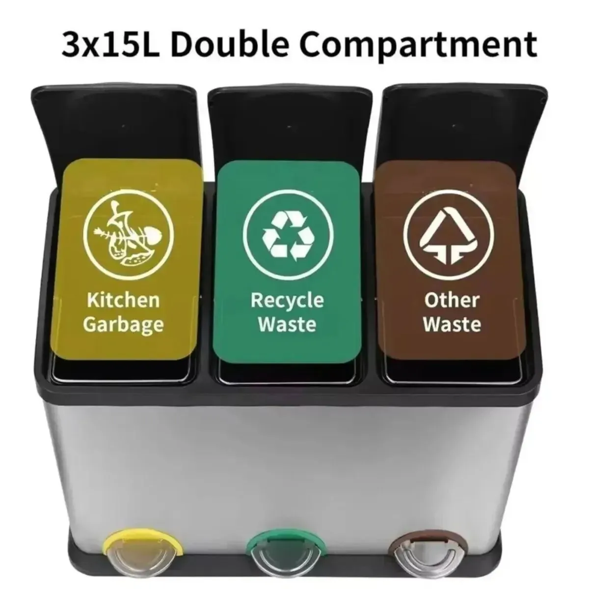 45L Kitchen Waste Bin 3 Section Trash Bin - Image 4