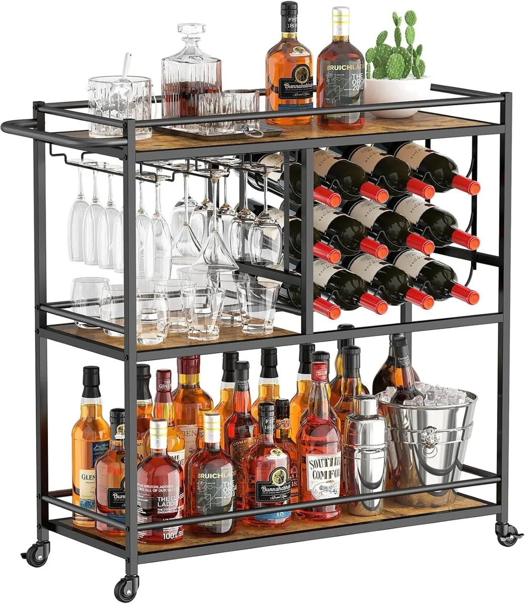 3 Tier Drinks Trolley with Lockable Wheels Rustic - Image 1