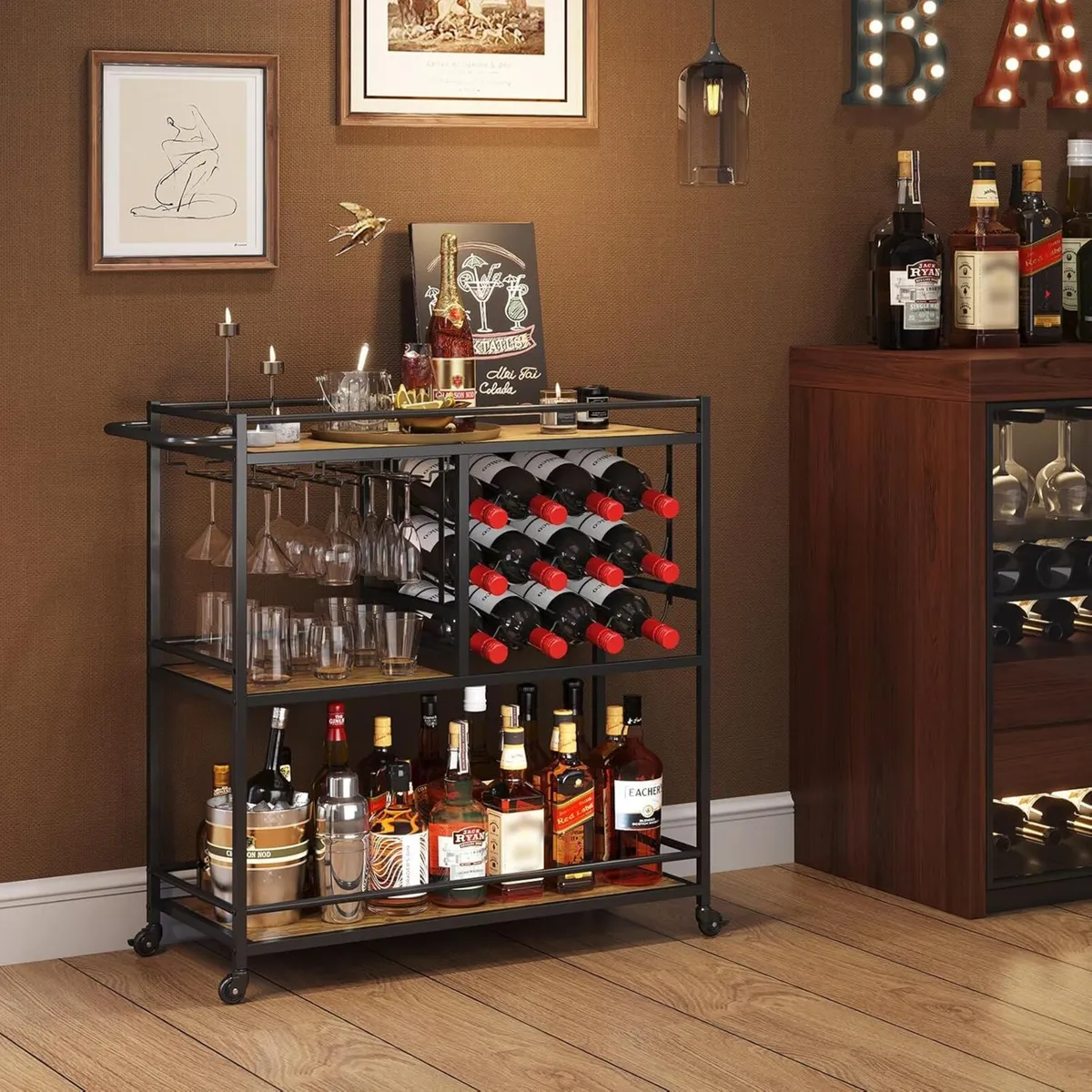 3 Tier Drinks Trolley with Lockable Wheels Rustic - Image 2