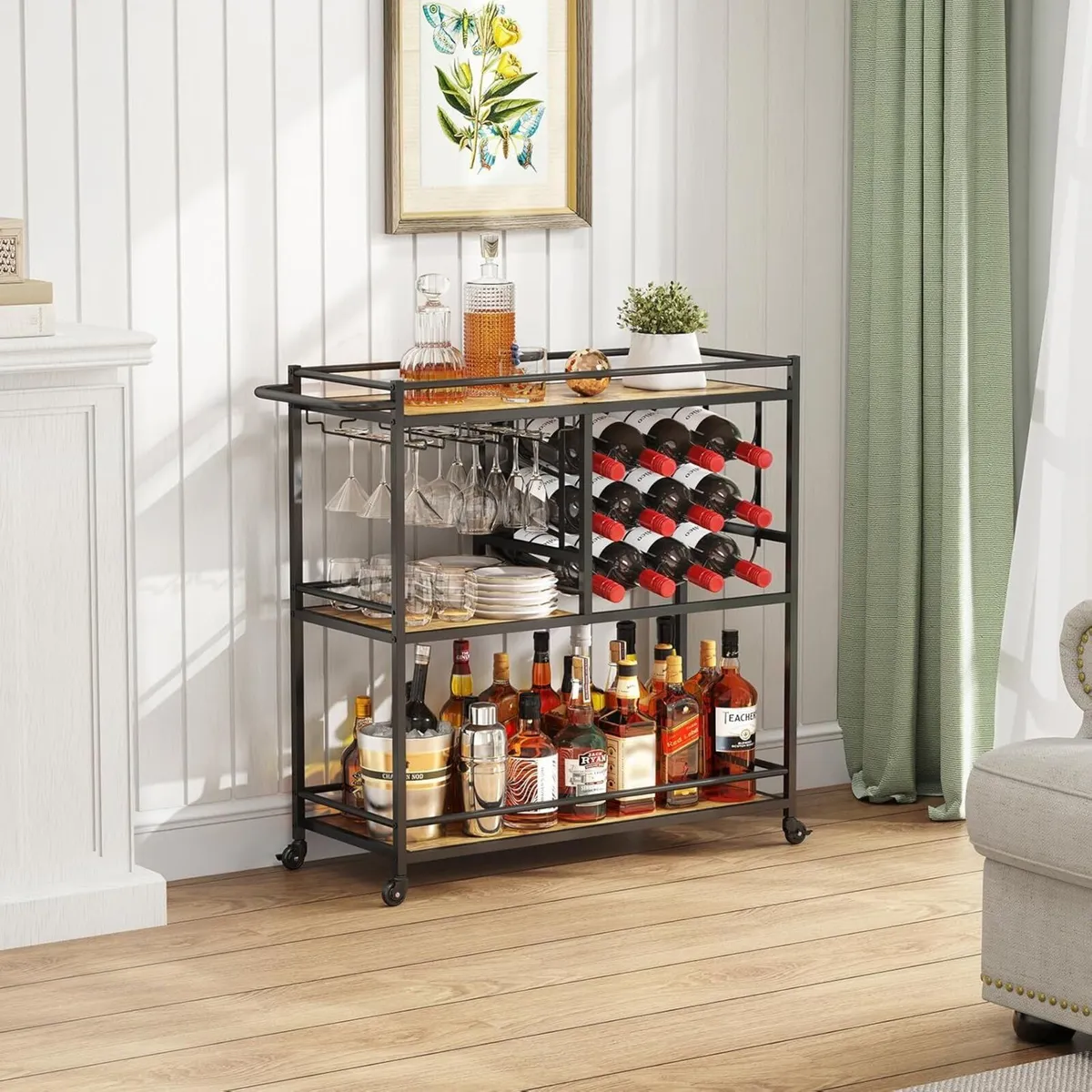 3 Tier Drinks Trolley with Lockable Wheels Rustic - Image 4