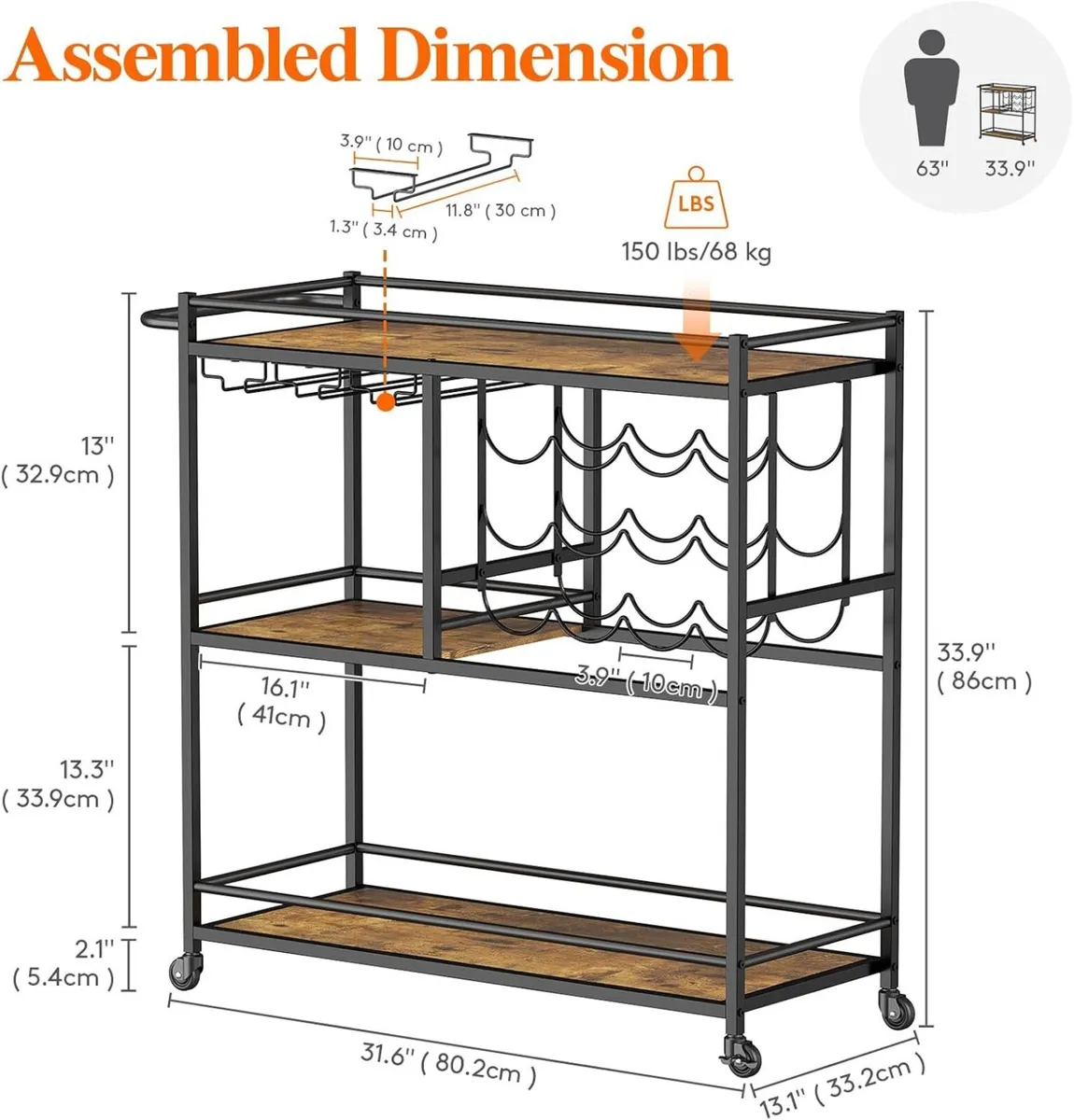 3 Tier Drinks Trolley with Lockable Wheels Rustic - Image 3