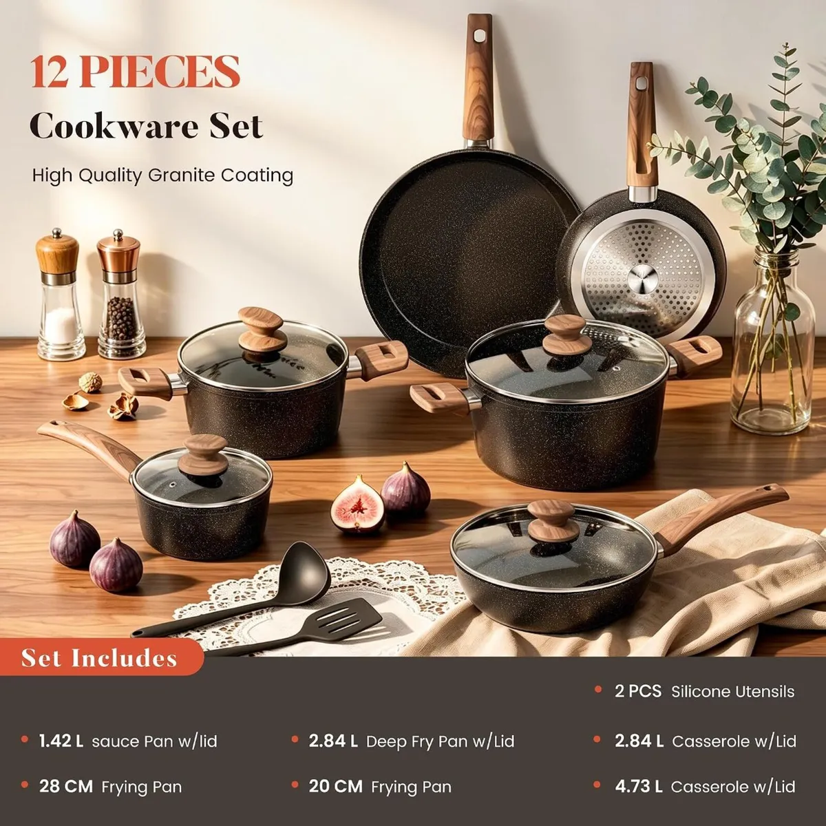 12-Piece Induction Hob Pots and Pans Set Non - Image 2