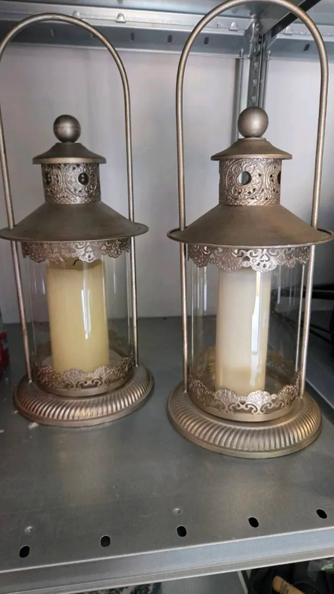 Pair of Antique Gold Filigree Hurricane Lanterns - Image 1