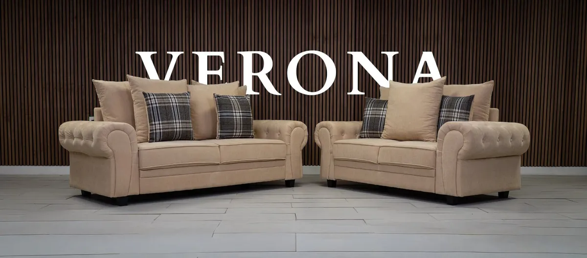 Verona Beige Scatter Cushions Sofa + Footstool - Image 1