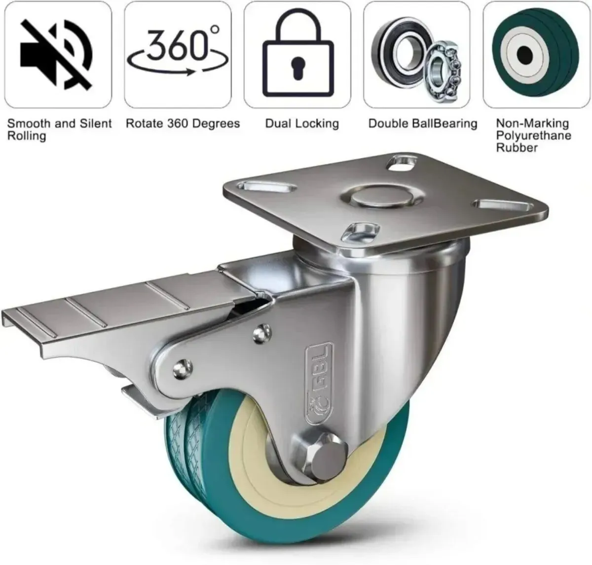 Castor Wheels 50mm Locking PU Rubber Casters 200KG - Image 2