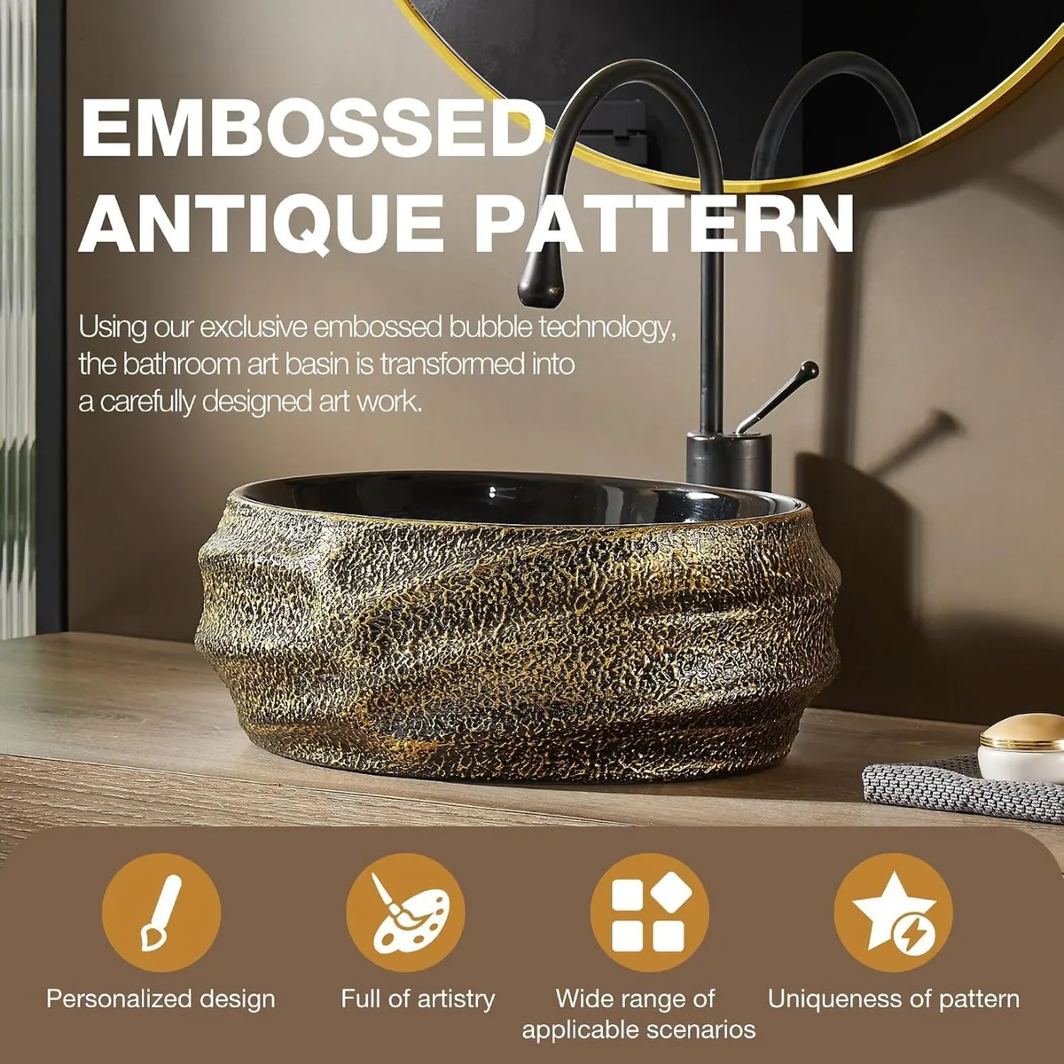 Oval Bathroom Vessel Sink Antique Pattern Design - Image 2