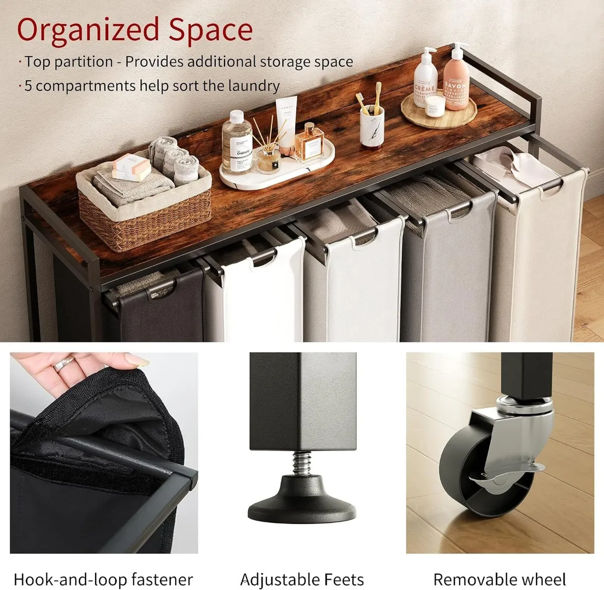 300L Laundry Basket 5 Compartments Hamper - Image 3