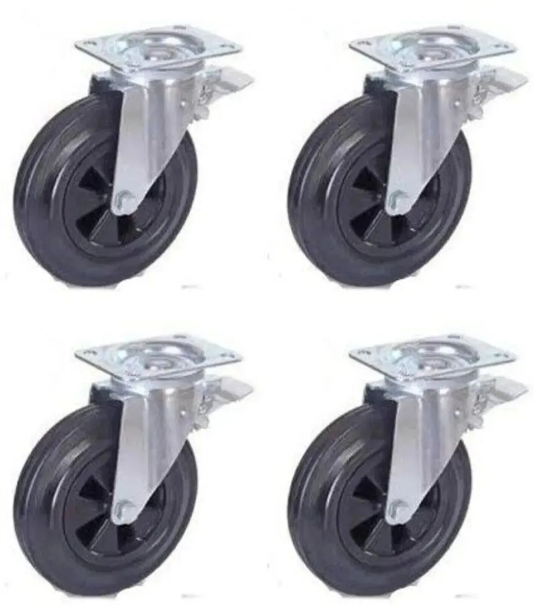 Castor Wheels 200mm Rubber Swivel Brake 800KG - Image 4