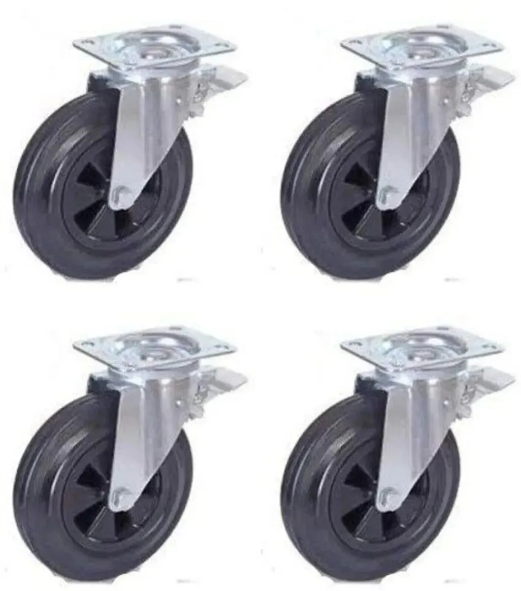 Castor Wheels 200mm Rubber Swivel Brake 800KG - Image 1