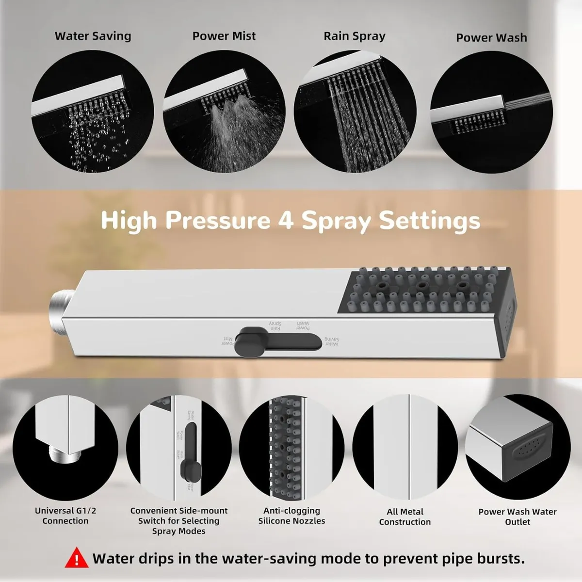 All Metal Rainfall Shower Set 4 Modes Handheld - Image 4