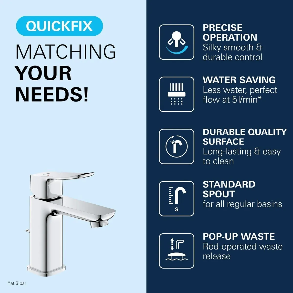 Dice Single Lever Basin Mixer Tap with Pop-Up - Image 3