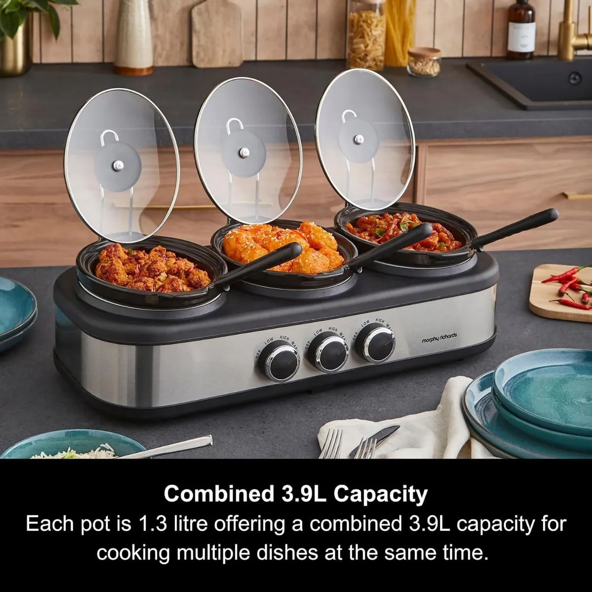 3.9L Trioserve Three Pot Slow Cooker Ceramic Pots - Image 2
