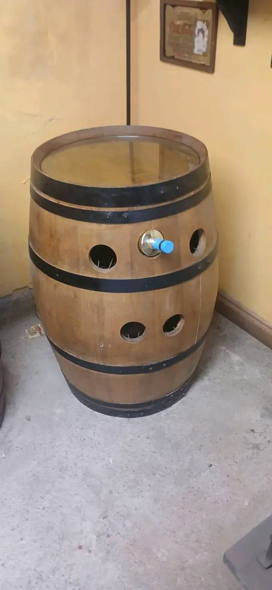 Wooden barrel glass top holds wine bottles always - Image 1