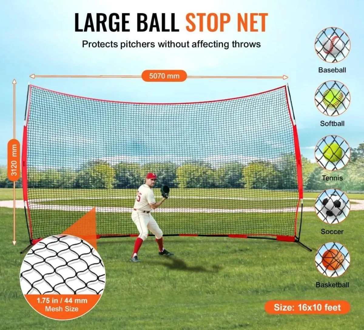 Barricade Backstop Net, 16x10 ft Ball Sports Barri - Image 2