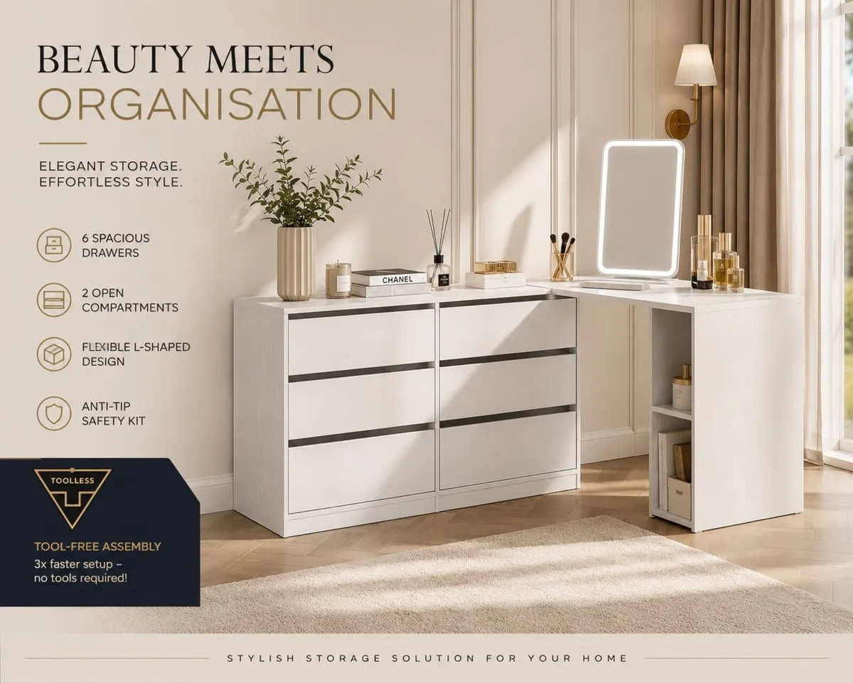 White Corner Dressing Table with Chest of Drawers - Image 3