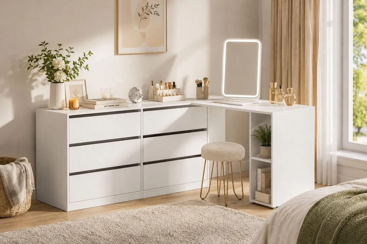 White Corner Dressing Table with Chest of Drawers - Image 2