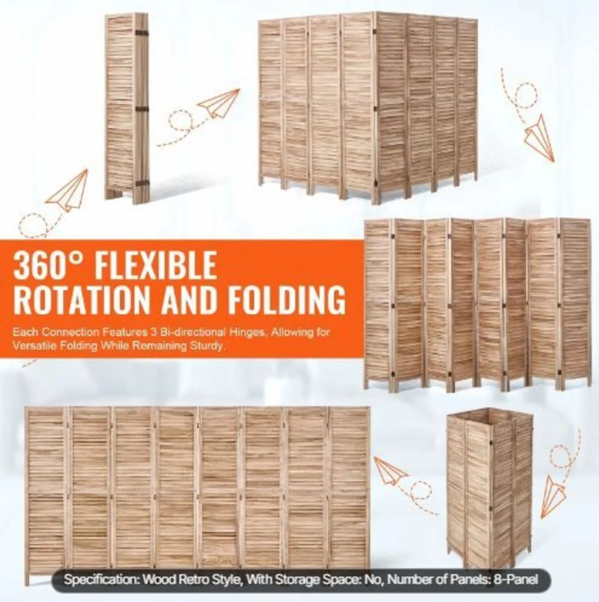 Wood Room Divider, 8 Panel Wood Folding - Image 2
