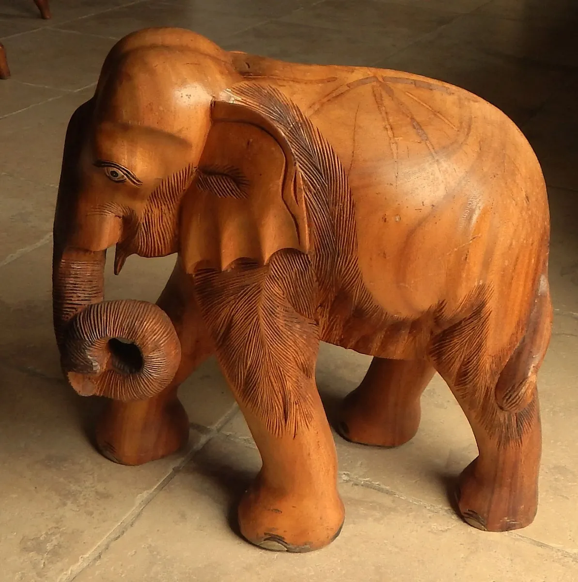 Vintage Hand Carved Solid Wood Elephant Sculpture - Image 1