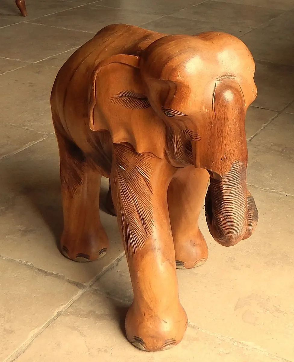 Vintage Hand Carved Solid Wood Elephant Sculpture - Image 3