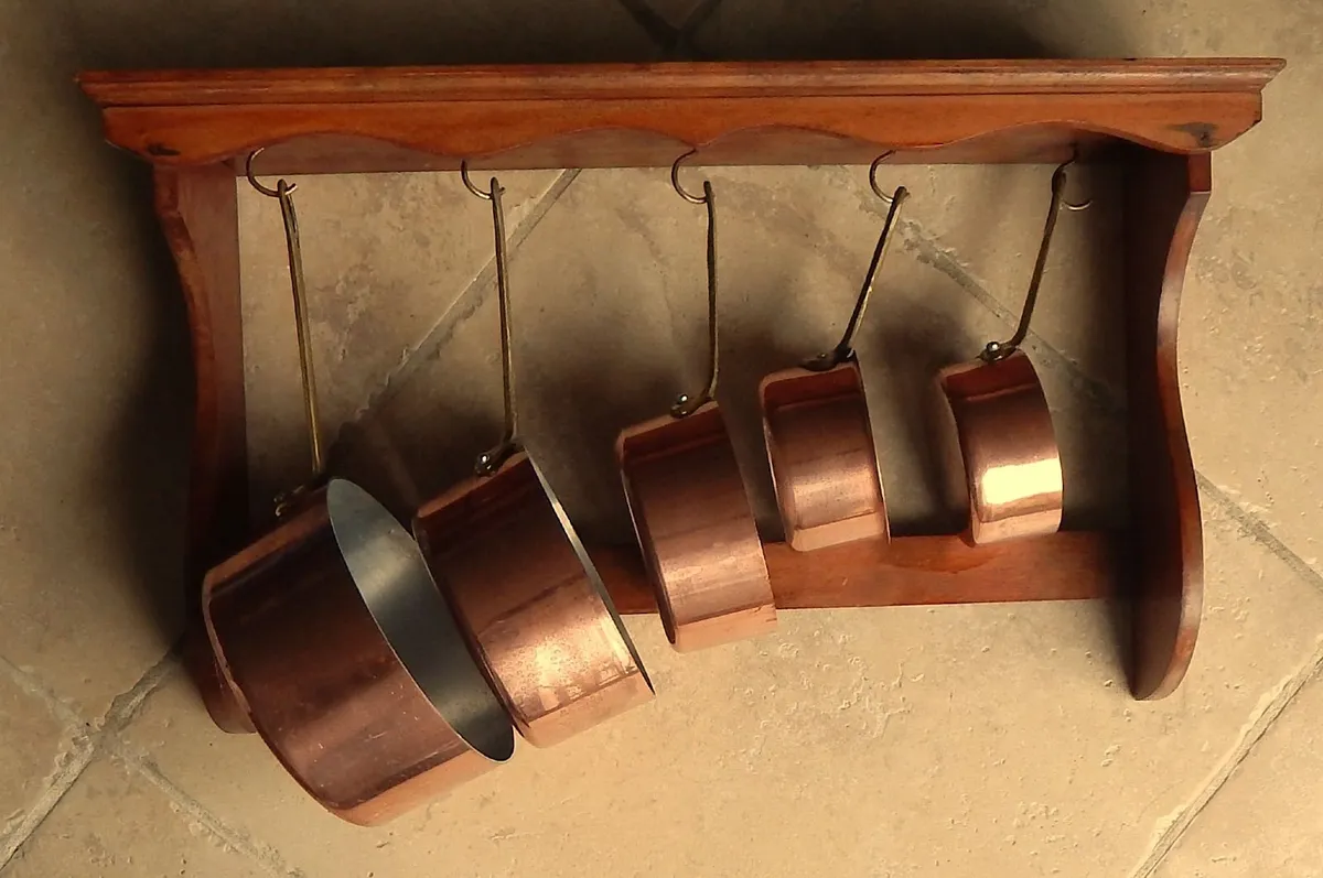 5 Copper Saucepans on Wall Mounted Wood Shelf - Image 2