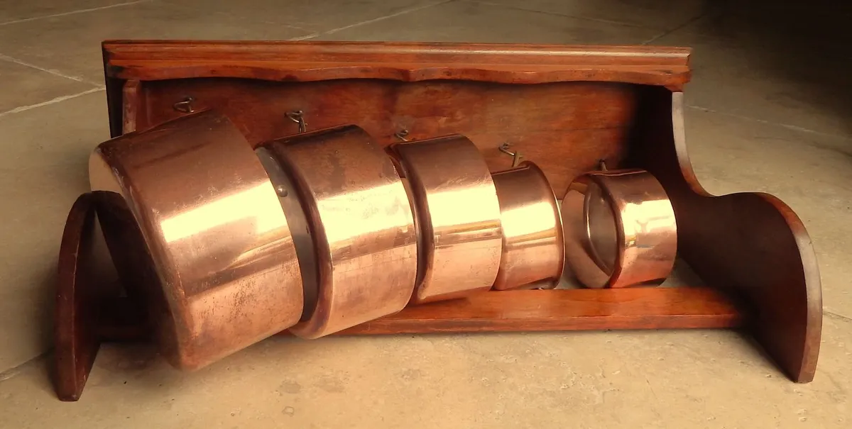 5 Copper Saucepans on Wall Mounted Wood Shelf - Image 3