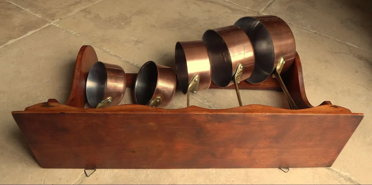 5 Copper Saucepans on Wall Mounted Wood Shelf - Image 4