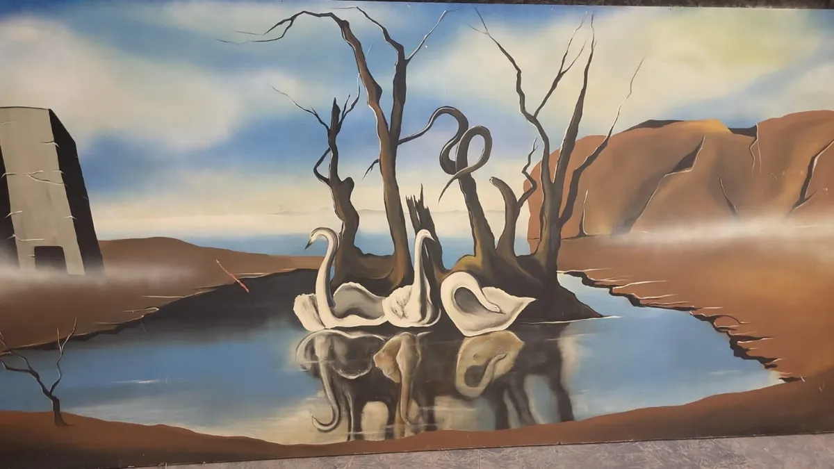 Vintage painting, swans lake reflecting elephants - Image 2