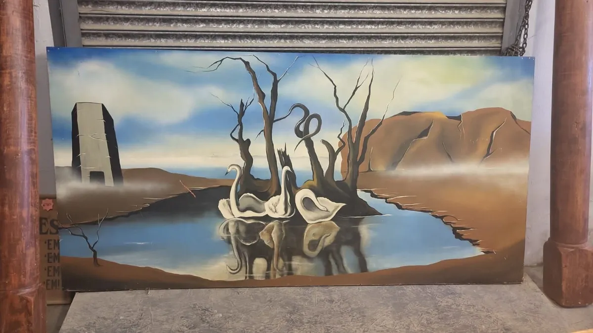 Vintage painting, swans lake reflecting elephants - Image 1