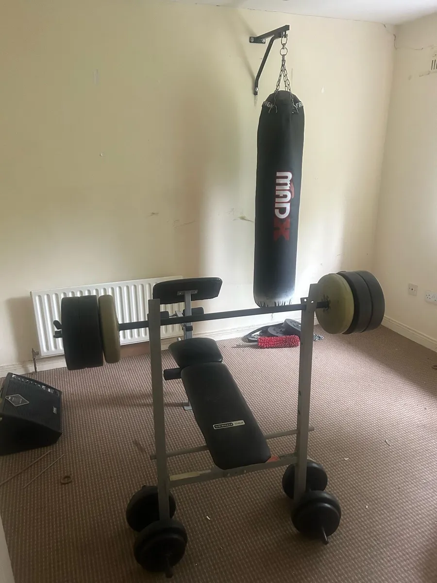 Weight bench and barbell and dumbells