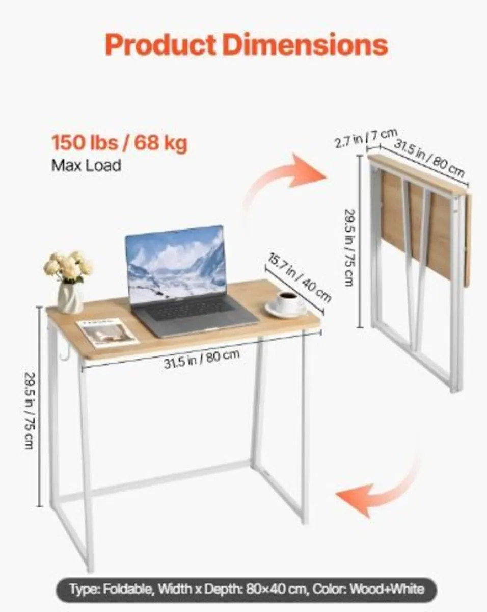 Folding Desk, 80 cm Small Foldable Table - Image 2