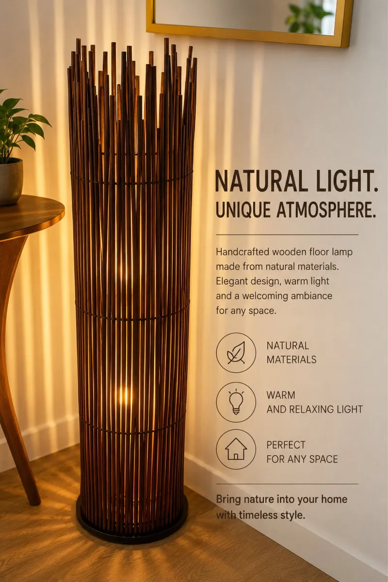 Statement Bamboo / Wood Slat Floor Lamp – Boho / R