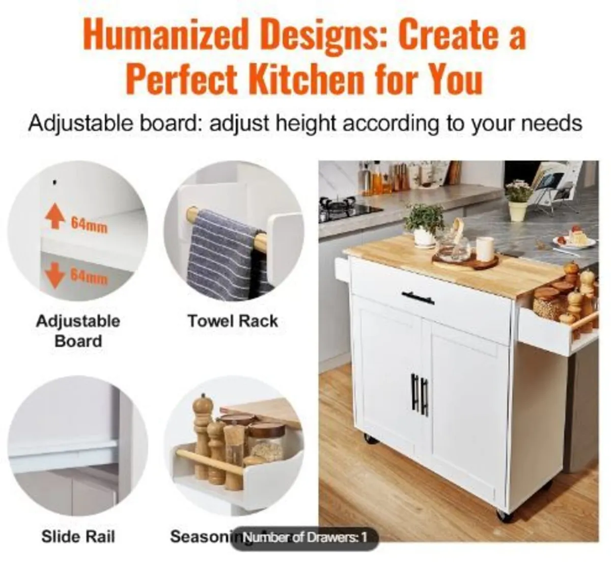 Kitchen Island Cart with Solid Wood Top - Image 4