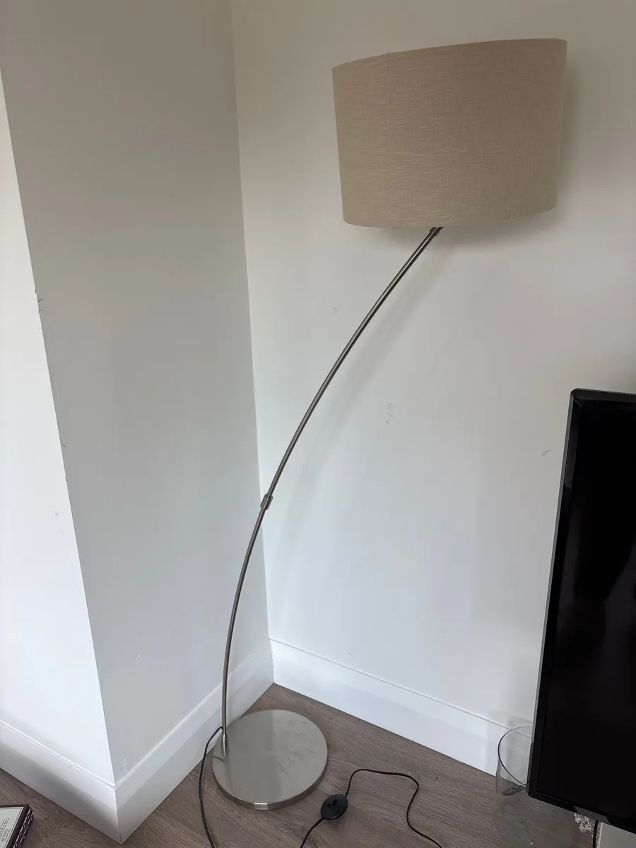 Brushed Chrome Arc Floor Lamp with Linen Shade - Image 1