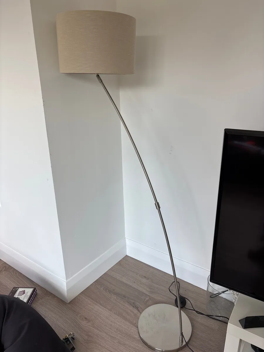 Brushed Chrome Arc Floor Lamp with Linen Shade - Image 3