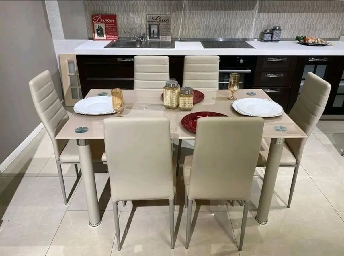 Modern Glass Dining Table With 6 Leather Chairs - Image 1
