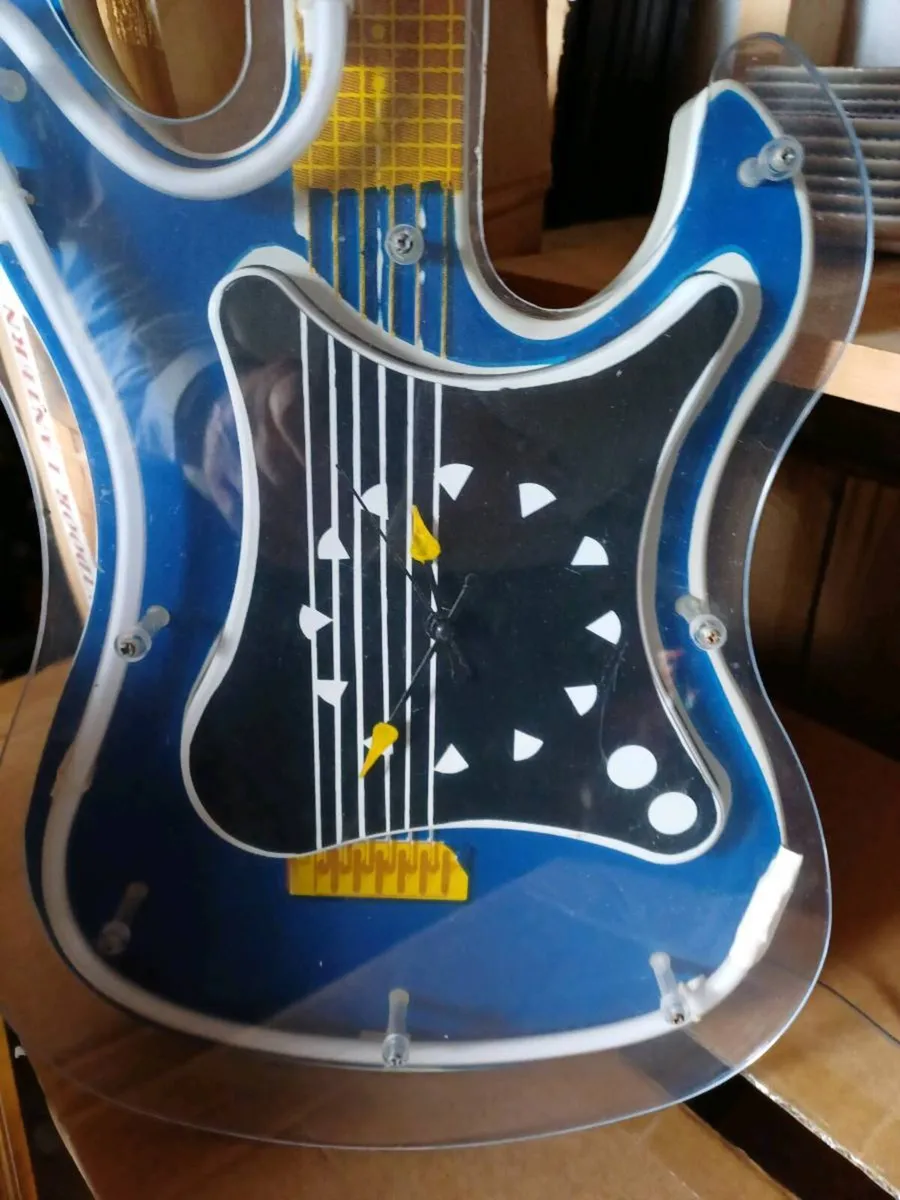 Vintage Blue Neon Light Clock Guitar - Image 2