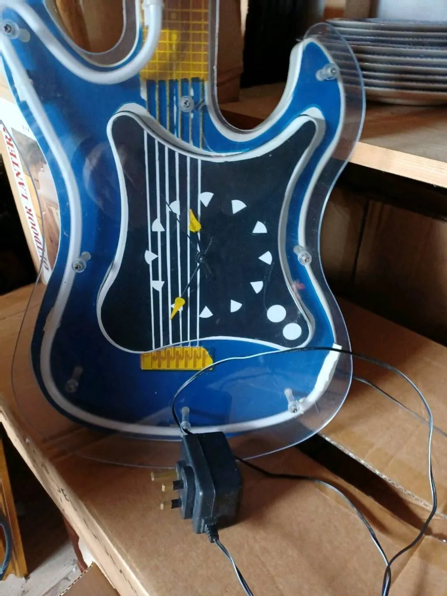 Vintage Blue Neon Light Clock Guitar - Image 3