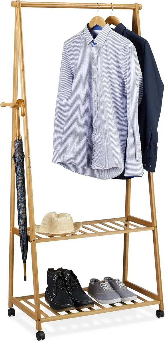 Clothes Stand on Wheels Bamboo 2 Shoe Shelves - Image 1