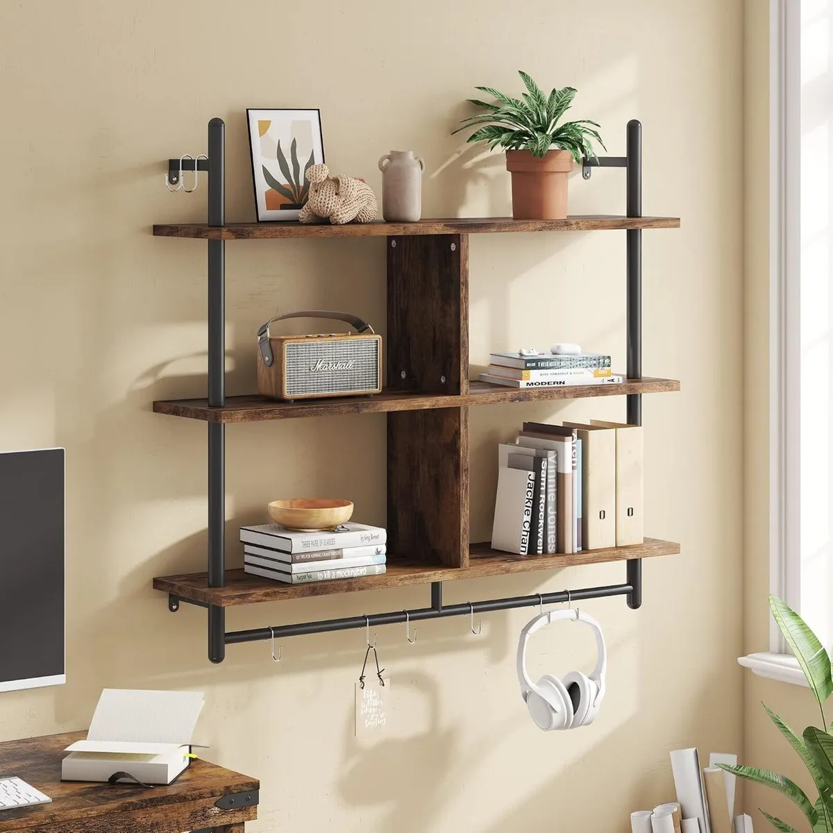 3 Tier Floating Pipe Shelving Industrial Wall - Image 3