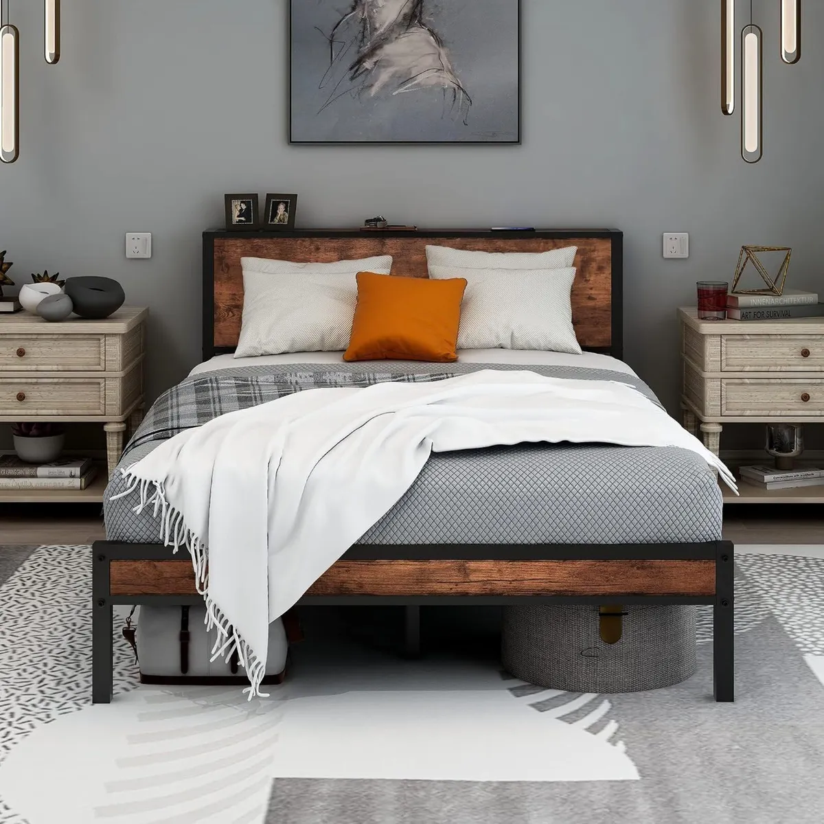 Bed Frame with Storage Headboard Metal Platform - Image 1